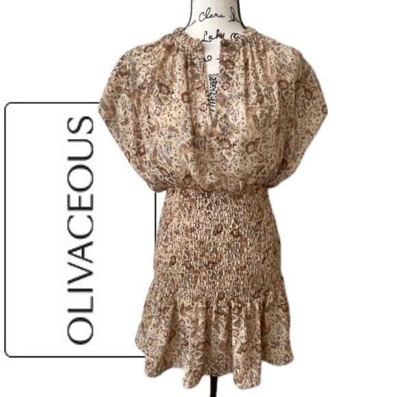 OLIVACEOUS MINI DRESS FLORAL TAN METALLIC DETAIL RUFFLE TIERED SMOCKED SZ M BOHO - Picture 1 of 16